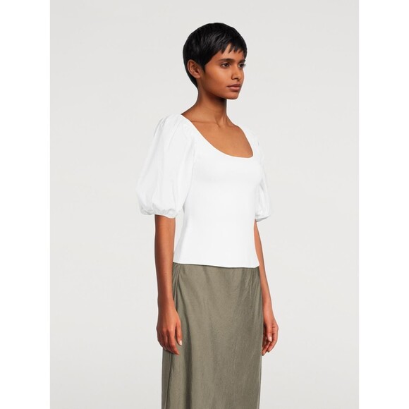 Theory women Glossed Scoop Neck Knit Top size Large White Puff Short Sleeve $345 - Picture 1 of 9